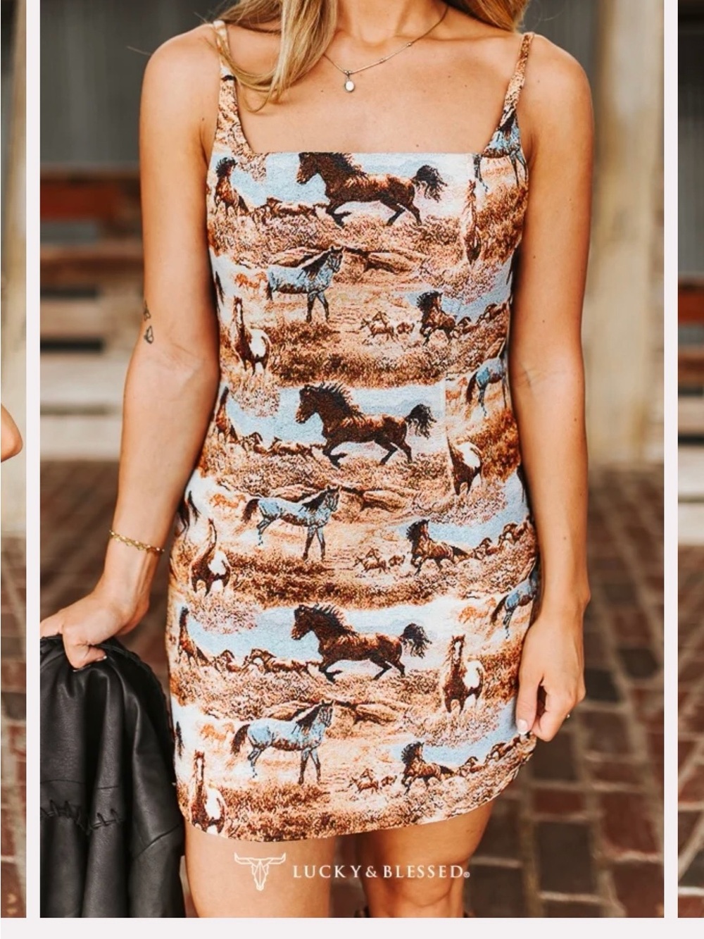 Lucky & Blessed Brown and Blue Horse Print Mini Dress